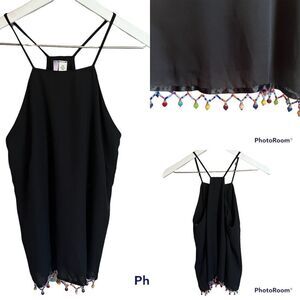 Alya Beaded Pom Pom Hem Halter Tank Top  Womens XS Black Boho Festival Artsy